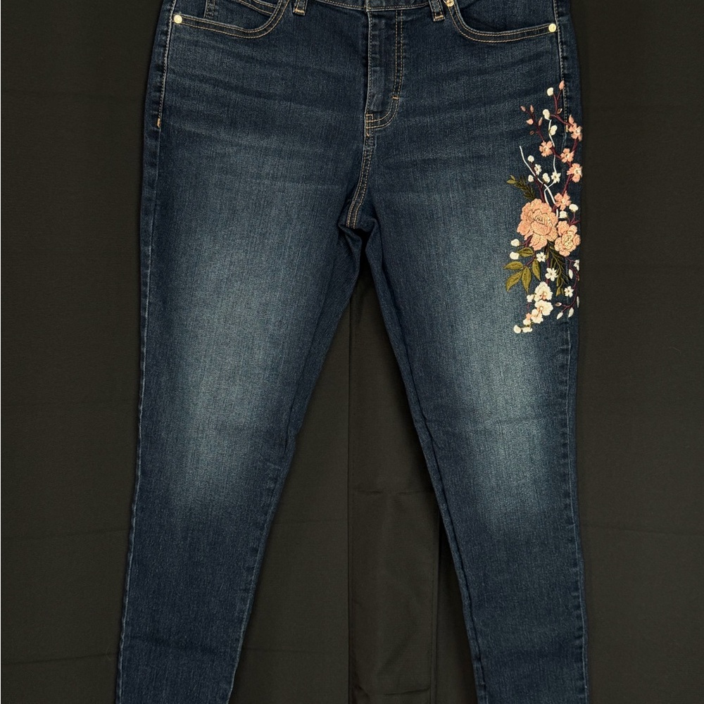 Jennifer Lopez Dark Blue Skinny Jeans with Pink Floral Embroidery